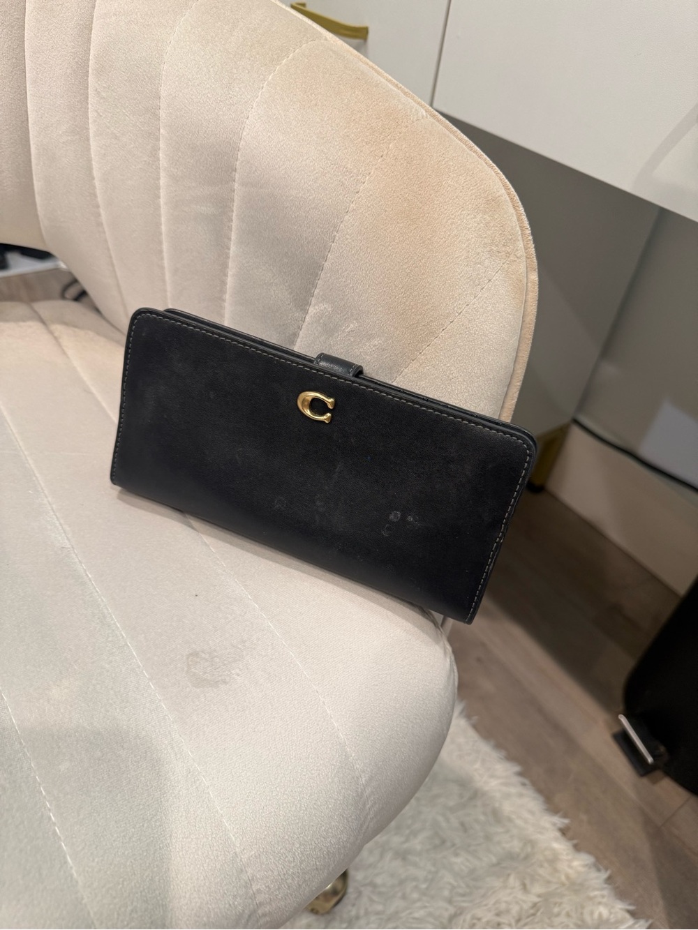 Coach Black Leather Continental Wallet with Gold 'C' Accent